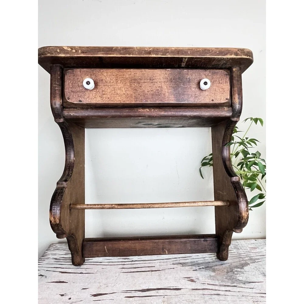 Vintage Rustic Wooden Shelf White Knob Drawer Hand Linen Bar Farmhouse 16”x15”